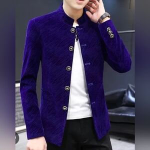 MEN'S BLAZER Blue Velvet Blazer Jacket Mandarin Collar, Gold & Black‎ Size L